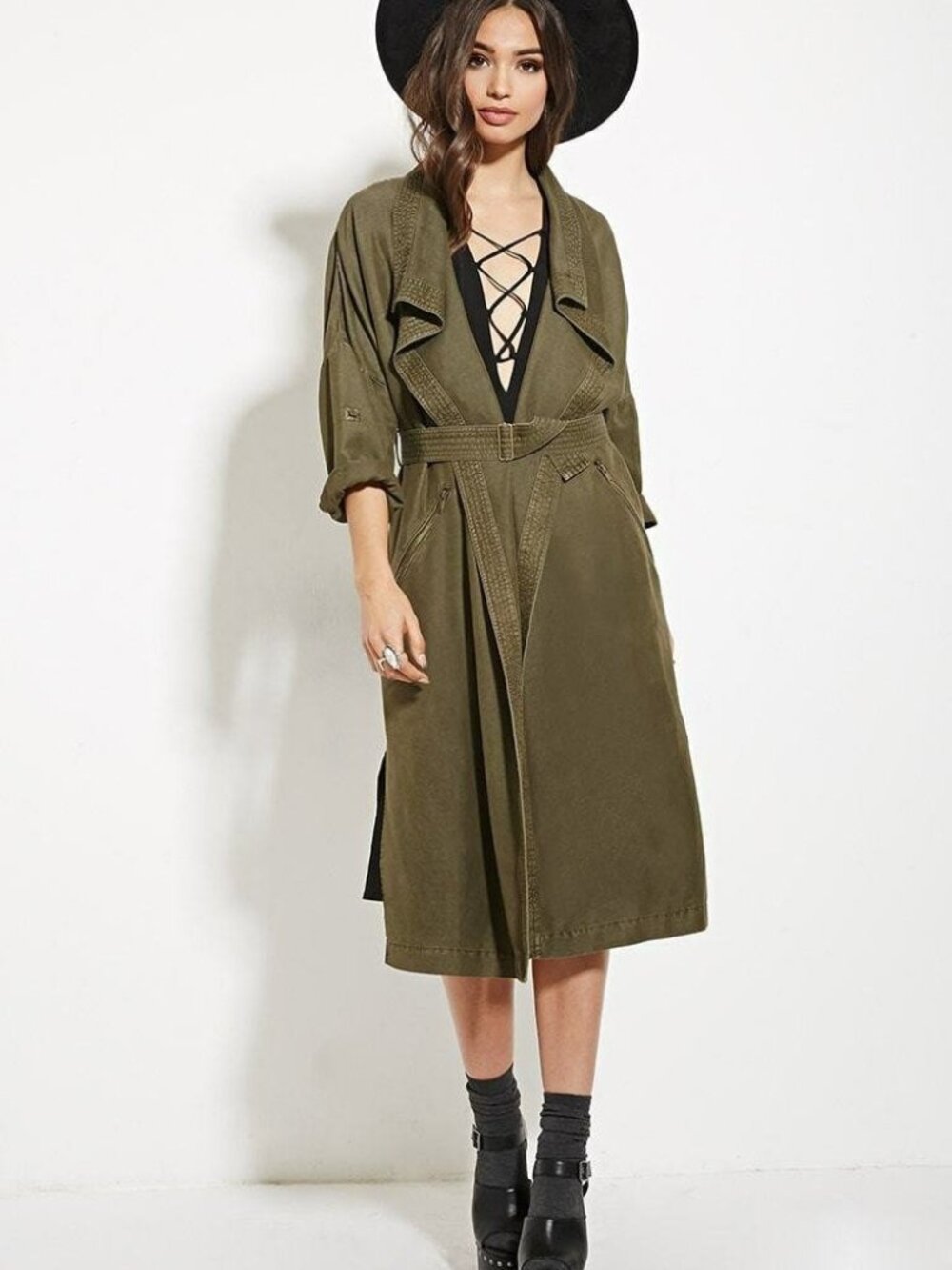 Forever 21 Olive Open-Front Longline Belted Jacket Large L
